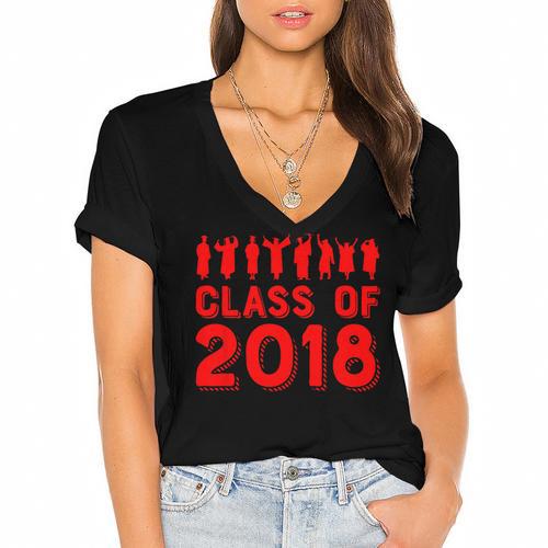 & Red Class Of 2018 Senior Graduation T Shirt Women's Jersey Short Sleeve Deep V-Neck Tshirt				 - Best Gift Smart