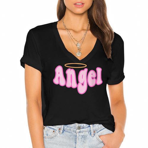 Angel Y2k Aesthetic 2000s Millennial Nostalgia Retro Pink Women's Jersey Short Sleeve Deep V-Neck Tshirt				 - Figerry