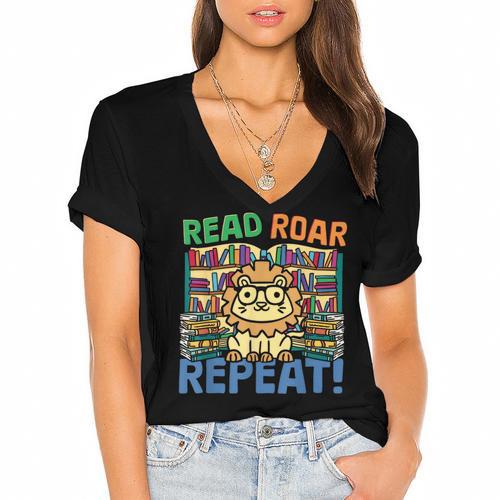 Animals Read Reading Book Library First Day Of School Kids Women's Jersey Short Sleeve Deep V-Neck Tshirt				 - Bookorys UK