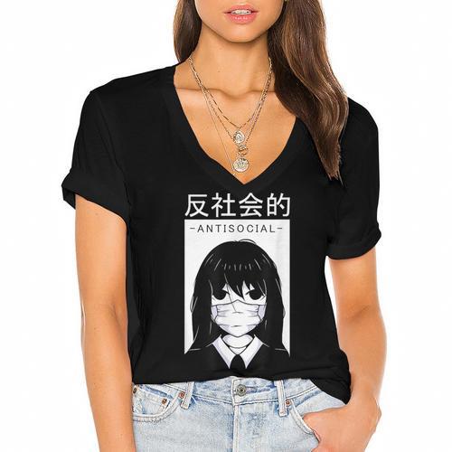 Anime Antisocial Introvert I Hate People Anti Social EMD Women's Jersey Short Sleeve Deep V-Neck Tshirt				 - Raresse