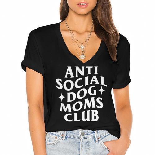 Anti Social Dog Moms Club Introvert Dog Mom Dog Lover Women's Jersey Short Sleeve Deep V-Neck Tshirt				 - Raresse