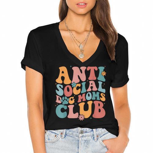 Anti Social Dog Moms Club Introvert Dog Mom Retro Men Women Women's Jersey Short Sleeve Deep V-Neck Tshirt - Raresse