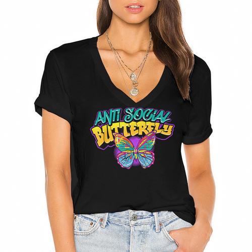 Antisocial Butterfly Shirts For Introvert Women's Jersey Short Sleeve Deep V-Neck Tshirt - Raresse