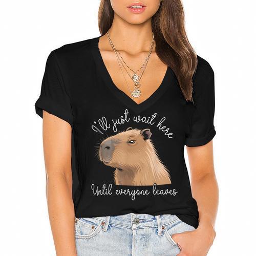 Antisocial Introvert Capybara Sarcastic Humor Women's Jersey Short Sleeve Deep V-Neck Tshirt - Raresse