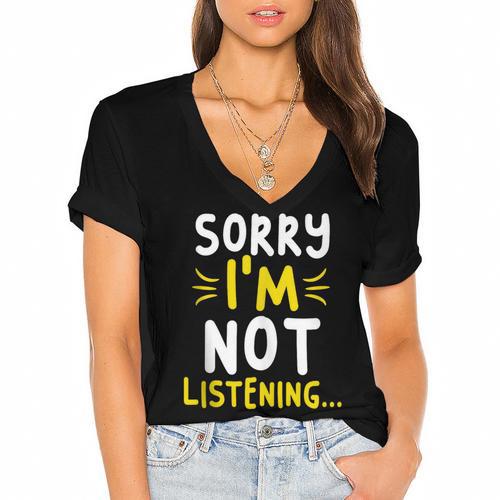 Antisocial Sorry I'm Not Listening Introvert & Anti Social Women's Jersey Short Sleeve Deep V-Neck Tshirt - Raresse