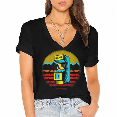 Arcade Game Machine Nostalgia Retro Gamer 80s 90s Women's Jersey Short Sleeve Deep V-Neck Tshirt				 - Figerry