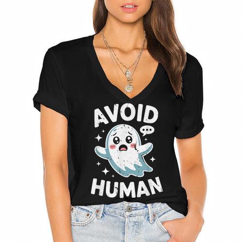 Avoid Humans Cute Kawaii Pastel Ghost Introvert Saying Women's Jersey Short Sleeve Deep V-Neck Tshirt - Raresse