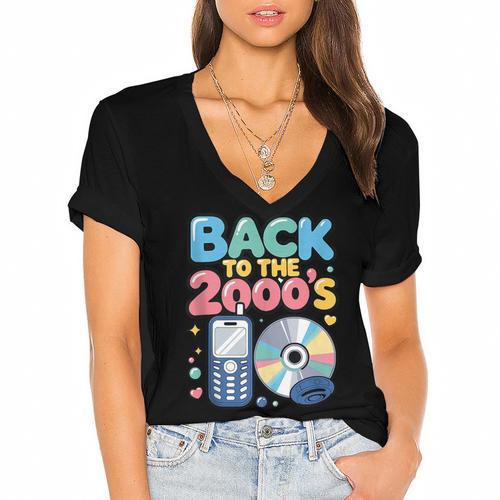 Back To The 2000s Retro Nostalgia Women's Jersey Short Sleeve Deep V-Neck Tshirt - Figerry