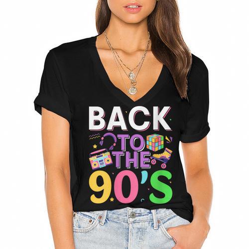 Back To The 90's Mixtape Era Nostalgia Retro 1990 90's Style Women's Jersey Short Sleeve Deep V-Neck Tshirt				 - Figerry