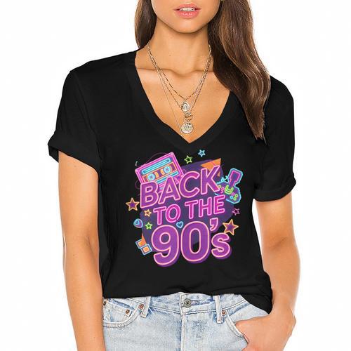 Back To The 90s Retro Nostalgia Women's Jersey Short Sleeve Deep V-Neck Tshirt - Figerry