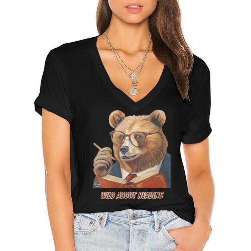 Bear Reading Book Glasses Library Zoo Teacher School Animal Women's Jersey Short Sleeve Deep V-Neck Tshirt				 - Bookorys AU