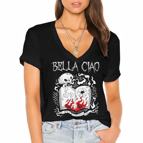 Bella Ciao Goodbye Beautiful Skull Book Of Dark Magic Occult Women's Jersey Short Sleeve Deep V-Neck Tshirt - Bookorys
