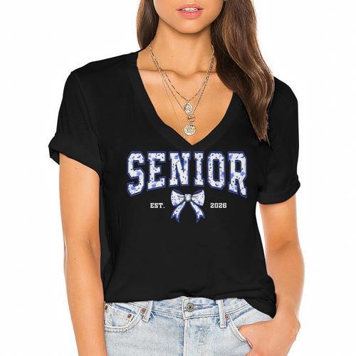 Blue Bow Coquette Floral Senior 2026 Graduation Class Women's Jersey Short Sleeve Deep V-Neck Tshirt				 - Best Gift Smart