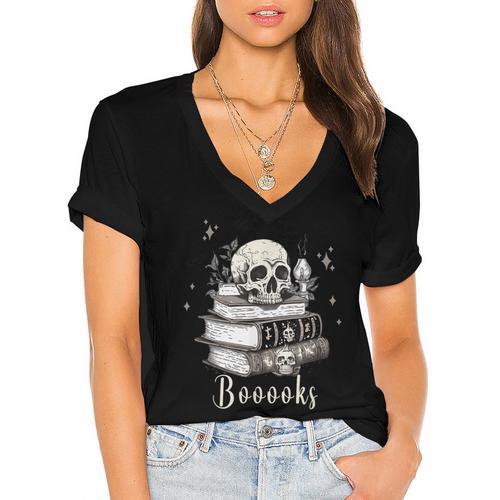 Boo Skeleton Skull Books Halloween Women School Teacher Kid Women's Jersey Short Sleeve Deep V-Neck Tshirt - Bookorys