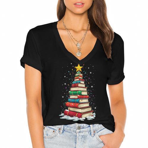 Book Christmas Tree Book Lover Teacher Librarian Women's Jersey Short Sleeve Deep V-Neck Tshirt				 - Bookorys DE