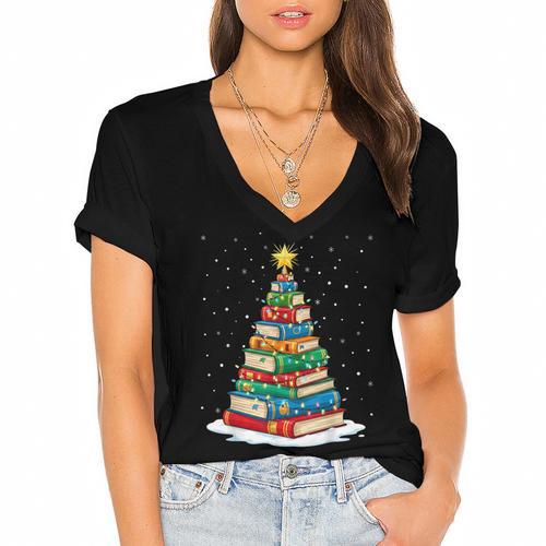 Book Christmas Tree Xmas Lights Book Lover Teacher Librarian Women's Jersey Short Sleeve Deep V-Neck Tshirt				 - Bookorys DE