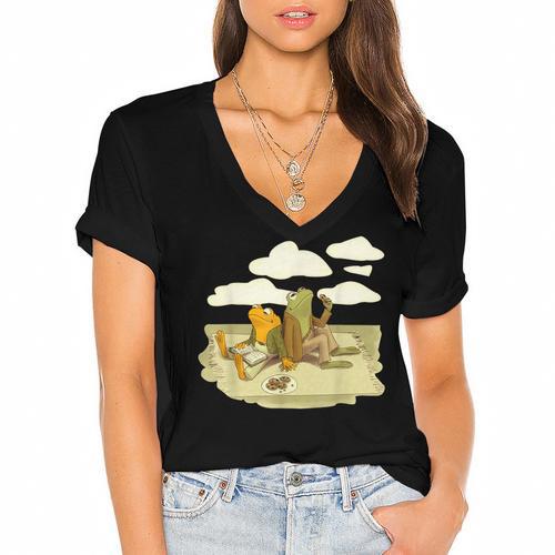 Book Frog Toad Vintage Book Frog Book Frog Reading Book Women's Jersey Short Sleeve Deep V-Neck Tshirt				 - Bookorys DE