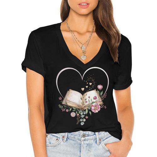 Book Lover Heart Shaped Reading Art Librarian Women's Jersey Short Sleeve Deep V-Neck Tshirt				 - Bookorys UK