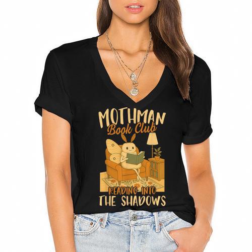 Book Lover Moth Mothman Book Club Reading Into Shadows Women's Jersey Short Sleeve Deep V-Neck Tshirt				 - Bookorys AU