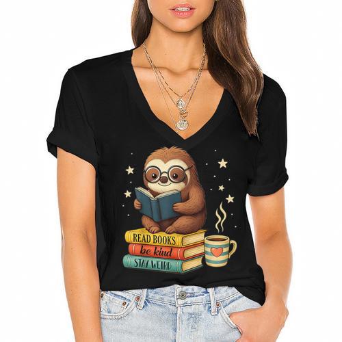 Book Lover Sloth Reading Bookish Library Read Books Be Kind Women's Jersey Short Sleeve Deep V-Neck Tshirt				 - Bookorys