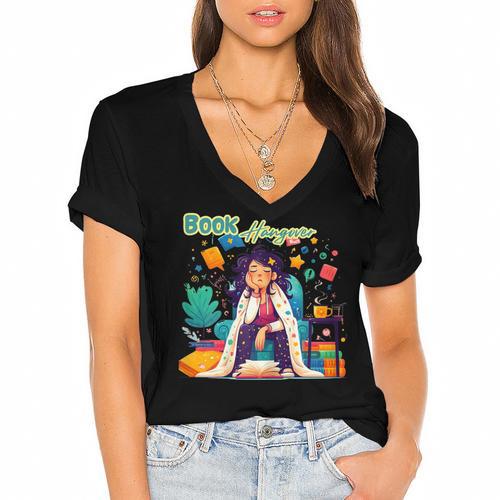 Book Lover Woman Woman Book Hangover Women's Jersey Short Sleeve Deep V-Neck Tshirt				 - Bookorys AU