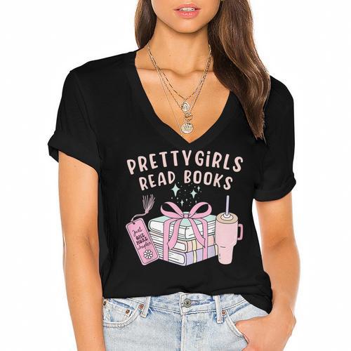 Book Lover's Pretty Girl's Read Books Women's Jersey Short Sleeve Deep V-Neck Tshirt				 - Bookorys UK