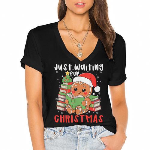 Book Reading Just Waiting For Christmas Gingerbread Women's Jersey Short Sleeve Deep V-Neck Tshirt - Bookorys