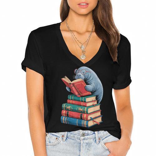 Book Reading Book Reader Manatees Sea Animal Sea Cow Manatee Women's Jersey Short Sleeve Deep V-Neck Tshirt - Bookorys