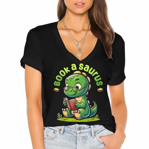 Book A Saurus Bookasaurus Dinosaur Book Girls Boys Toddler Women's Jersey Short Sleeve Deep V-Neck Tshirt				 - Bookorys AU
