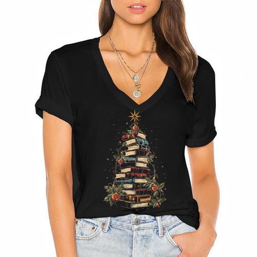 All Booked For Christmas Book Women's Jersey Short Sleeve Deep V-Neck Tshirt - Bookorys DE