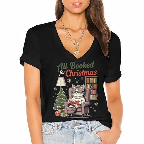 All Booked For Christmas Cute Bookish Cat Lover Women's Jersey Short Sleeve Deep V-Neck Tshirt				 - Bookorys UK