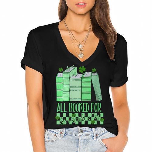 All Booked For St Patrick's Day Book Lover Lucky Shamrock Women's Jersey Short Sleeve Deep V-Neck Tshirt				 - Bookorys DE