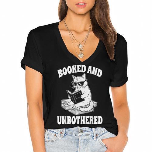 Booked And Unbothered Cat Reading Book Lovers Women's Jersey Short Sleeve Deep V-Neck Tshirt - Bookorys
