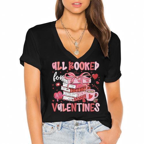 All Booked For Valentines Book Coffee Teacher Women Women's Jersey Short Sleeve Deep V-Neck Tshirt				 - Bookorys AU