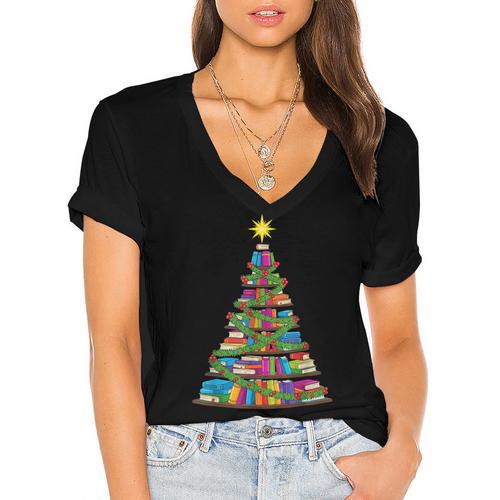 Bookmas Christmas Book Tree Book Lover English Teacher Women's Jersey Short Sleeve Deep V-Neck Tshirt				 - Bookorys DE