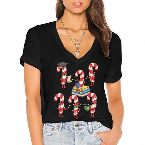 Bookmas Christmas Books Shirt Candy Cane Bookworm Women's Jersey Short Sleeve Deep V-Neck Tshirt				 - Bookorys