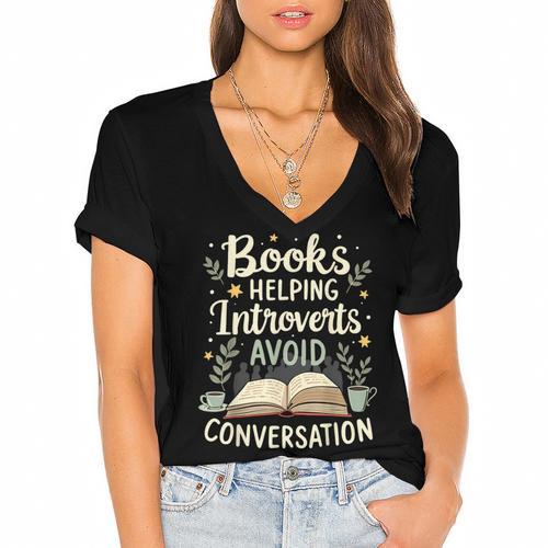 Books Helping Introverts Avoid Conversation Introvert Women's Jersey Short Sleeve Deep V-Neck Tshirt - Raresse