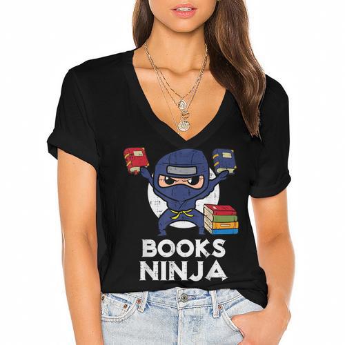 Books Ninja Read Reading Librarian Book Toddler Boys Kids Women's Jersey Short Sleeve Deep V-Neck Tshirt - Bookorys