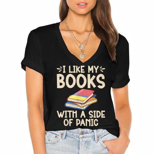 I Like My Books With a Side Of Panic Thriller Women's Jersey Short Sleeve Deep V-Neck Tshirt - Bookorys CA