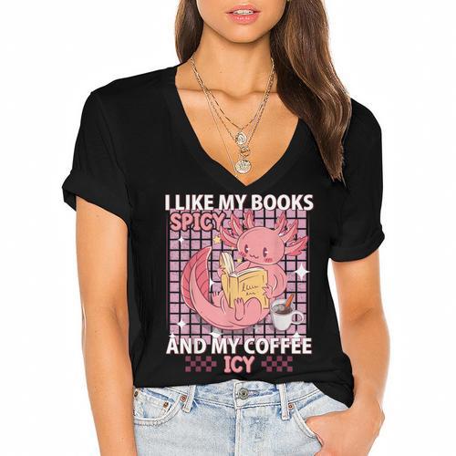 I Like My Books Spicy And My Coffee Icy Librarian Women's Jersey Short Sleeve Deep V-Neck Tshirt				 - Bookorys AU