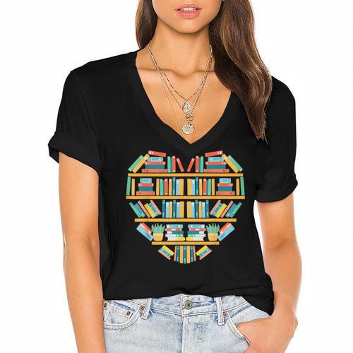 Bookshelf Heart Women's Jersey Short Sleeve Deep V-Neck Tshirt - Bookorys UK
