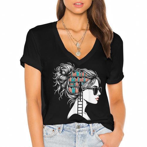 Bookworm Book Nerd Librarian Bookish Librarian Women's Jersey Short Sleeve Deep V-Neck Tshirt				 - Bookorys DE