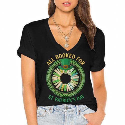 Bookworm Irish All Booked For St Patrick's Day Book Lover Women's Jersey Short Sleeve Deep V-Neck Tshirt - Bookorys AU