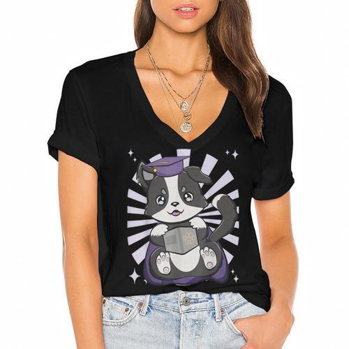 Border Collie Dog Lover Cute Anime School Graduation Men Women Kids Women's Jersey Short Sleeve Deep V-Neck Tshirt				 - Best Gift Smart