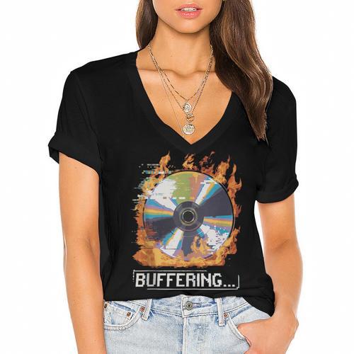 Buffering Glitched CD On Fire 2000s Nostalgia Women's Jersey Short Sleeve Deep V-Neck Tshirt - Figerry