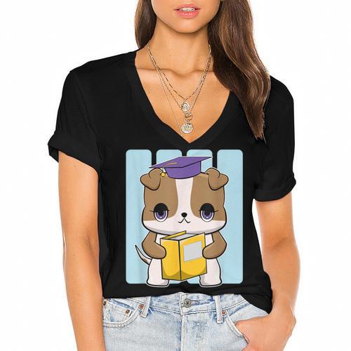 Bulldog Anime Pup Graduation Women's Jersey Short Sleeve Deep V-Neck Tshirt - Best Gift Smart