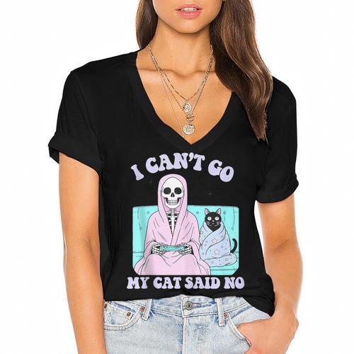I Can't Go My Cat Said No Introvert Anxiety Cat Lover Women's Jersey Short Sleeve Deep V-Neck Tshirt - Raresse