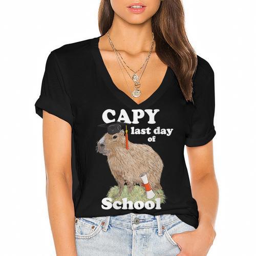 Capy Last Day Of School Capybara Graduation Quote Women's Jersey Short Sleeve Deep V-Neck Tshirt - Best Gift Smart