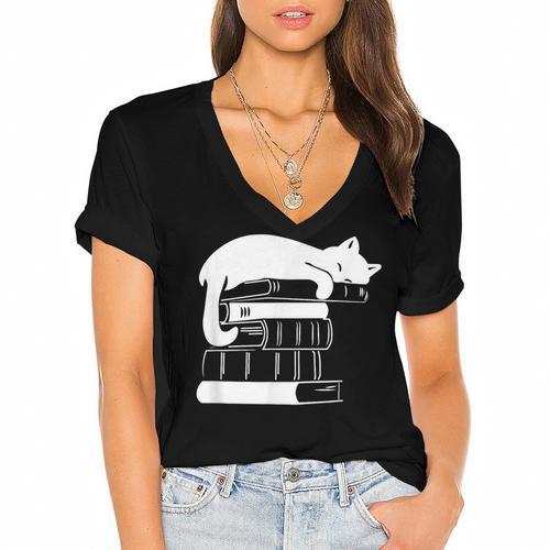 Cat Book Books And Cats Cat Lover Cat Mom Book Lovers Women's Jersey Short Sleeve Deep V-Neck Tshirt				 - Bookorys CA