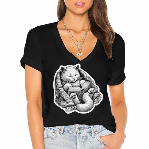 Cat Book Worm Reading Cottagecore Art Women's Jersey Short Sleeve Deep V-Neck Tshirt - Bookorys DE